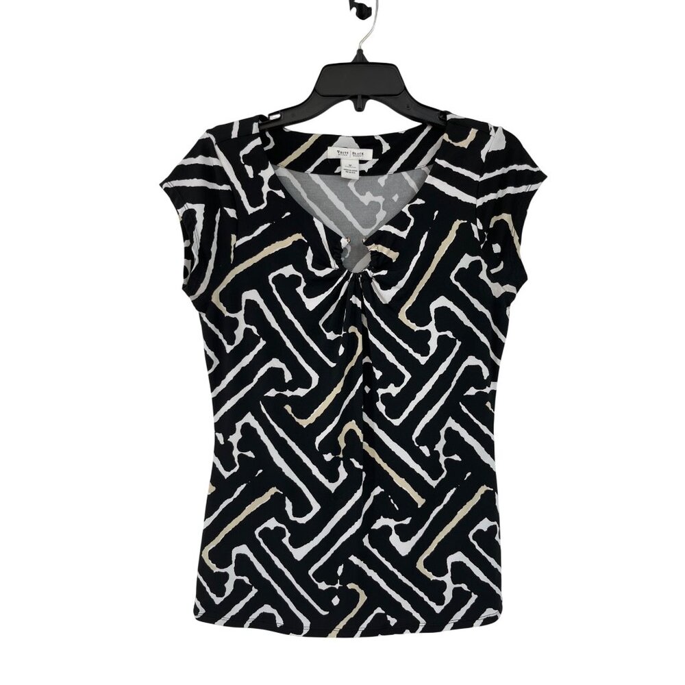 WHBM Geometric Keyhole Blouse Womens M Black Cream Cap Sleeve Used